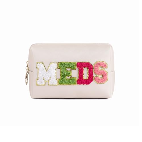RSRSLEII Cute Chenille Letter Patch Medicine Makeup Bag, PU Leather Waterproof MEDS Cosmetic Bag with Zipper, Travel Toiletry MEDS Pouch, Daily Use Portable Organizer Makeup Bag (01Beige Bag)
