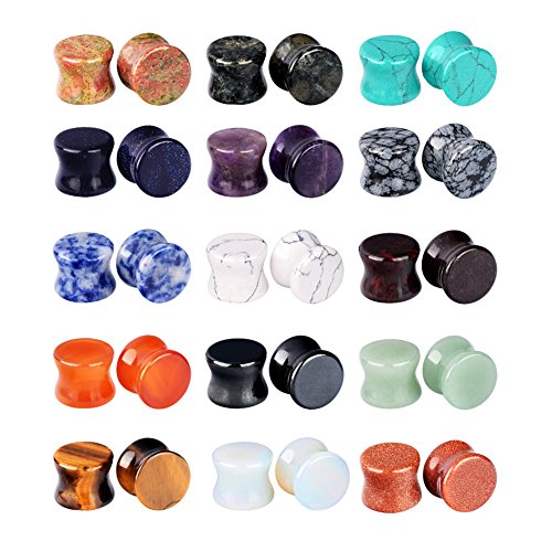 Longbeauty 15Pairs Mixed Stone Saddle Ear Plugs Stretcher Expander Tunnels Ear Gauges Piercing Jewelry 10MM