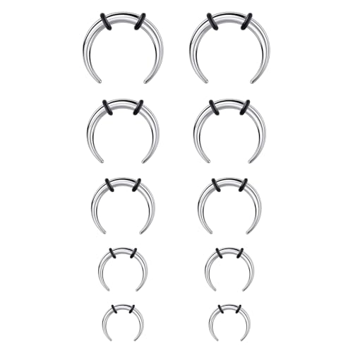 Longbeauty 10pcs 18G-10G Pincher Septum Rings Silver Stretching Kit C Shape Buffalo Stainless Steel Horseshoes Nose Ring Taper Kit Septum Piercing Jewelry with O-Rings for Women Men Diameter 10mm